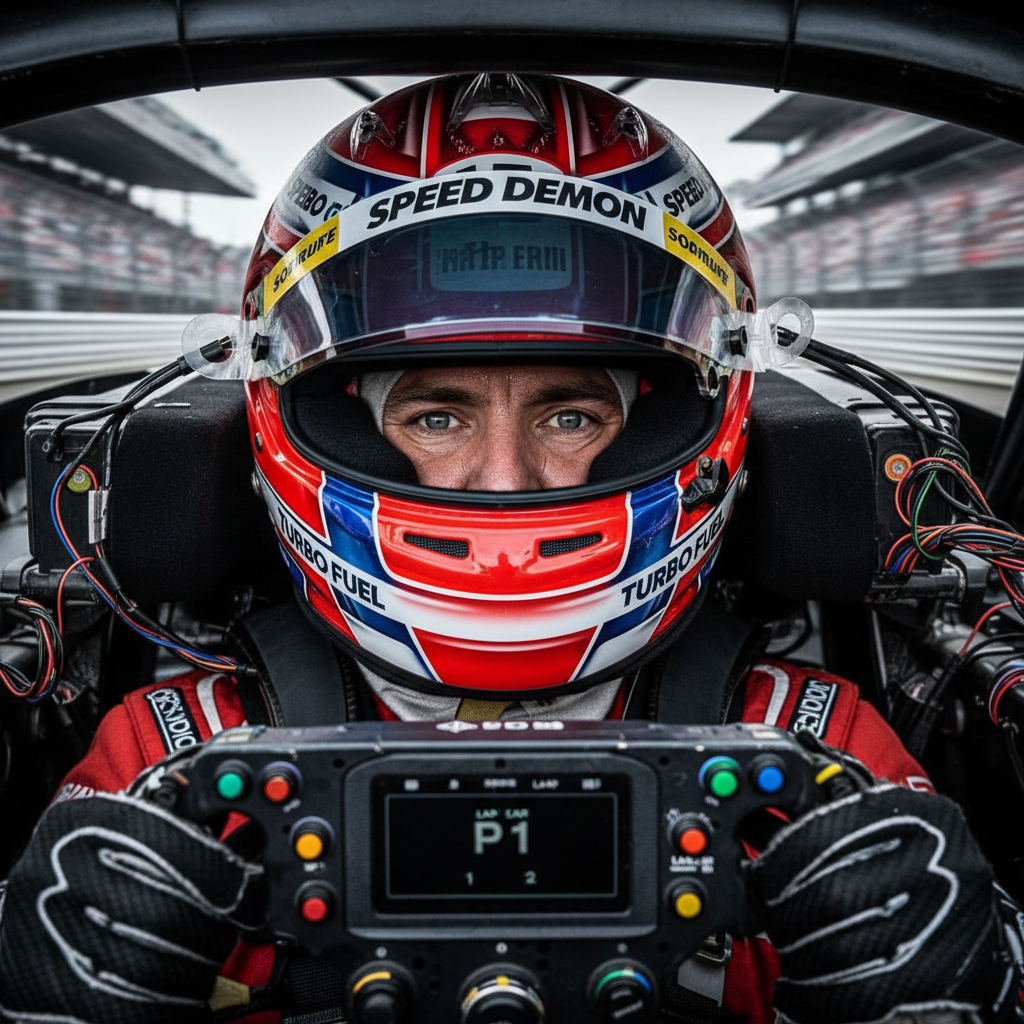 Racing driver in helmet experiencing high speeds on a track.