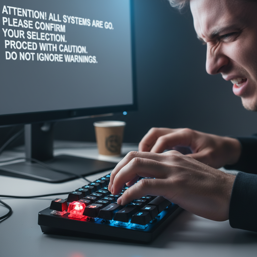 A person looking frustrated at a computer screen showing a paragraph typed in all capital letters, with the keyboard's caps lock light on.