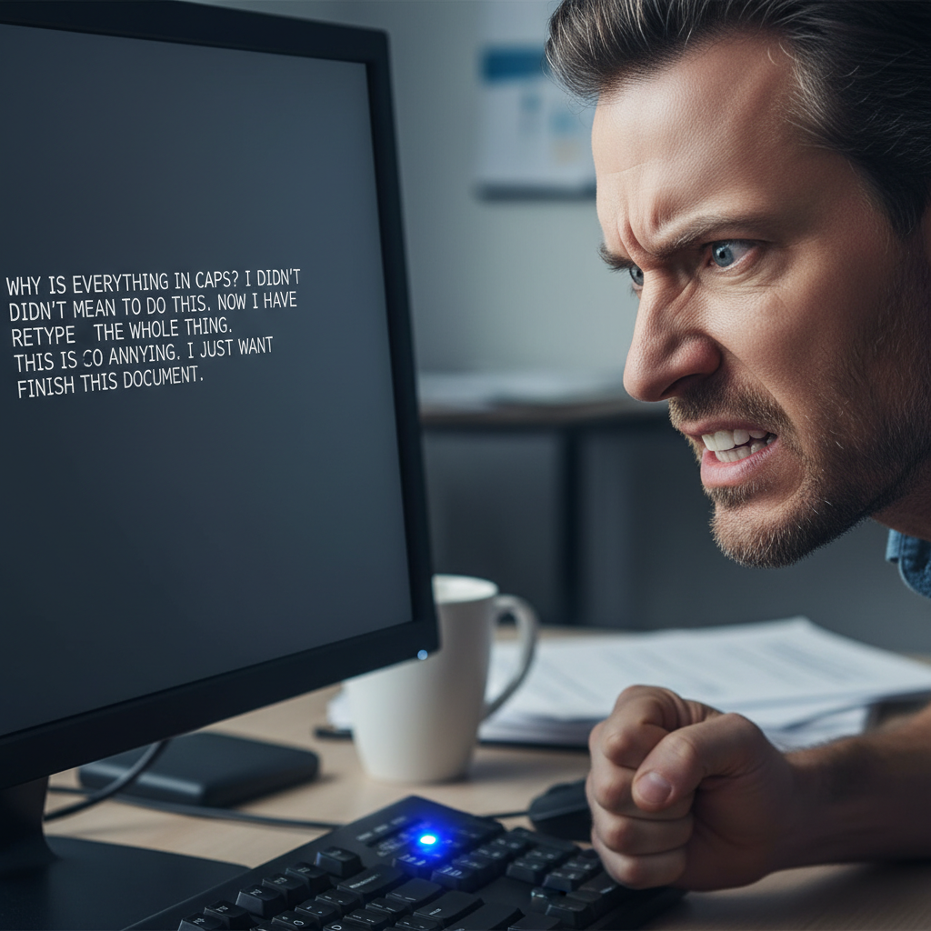 A person looking stressed at a computer screen showing text in all caps.