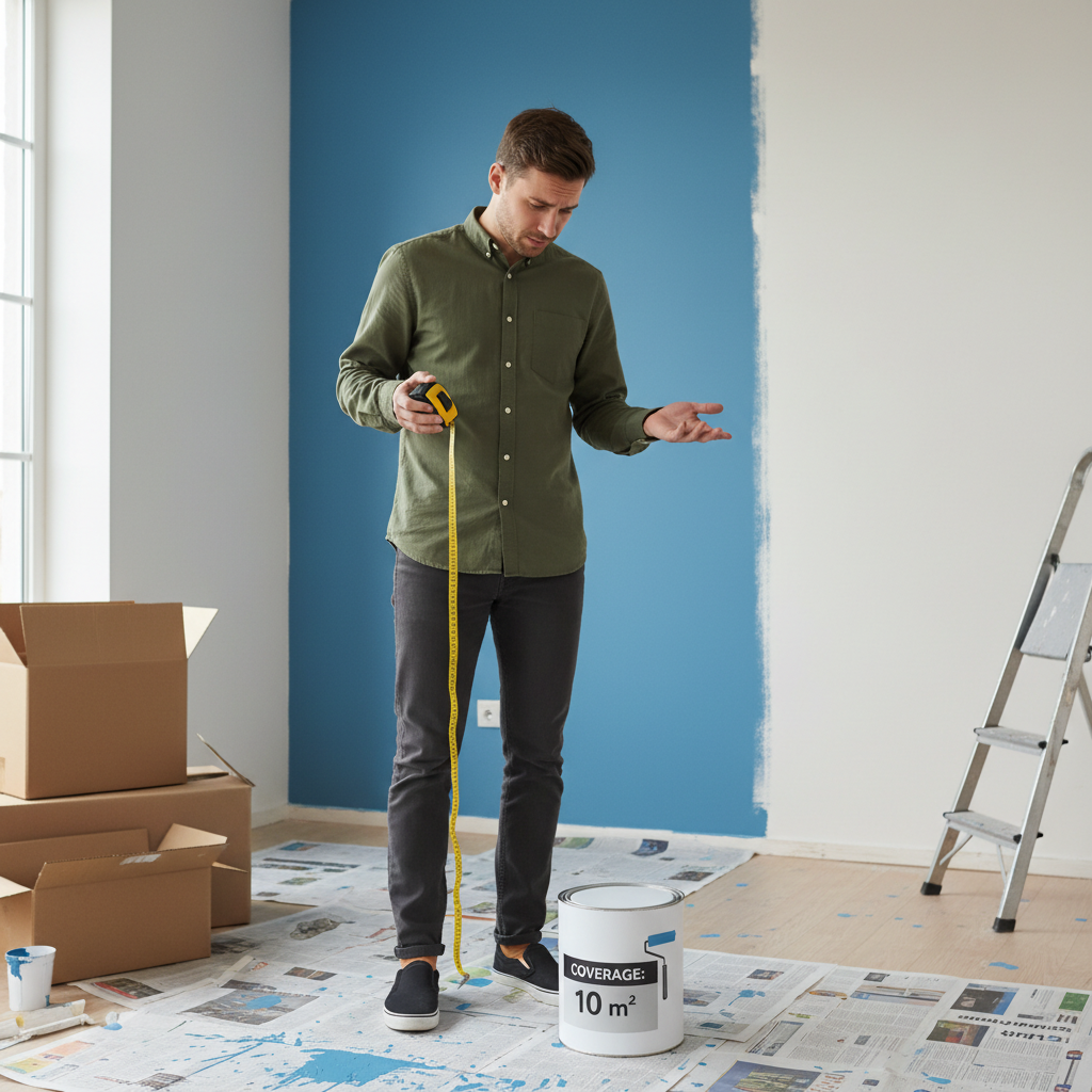 A person holding a tape measure looks puzzled at a paint can label in a room being renovated.