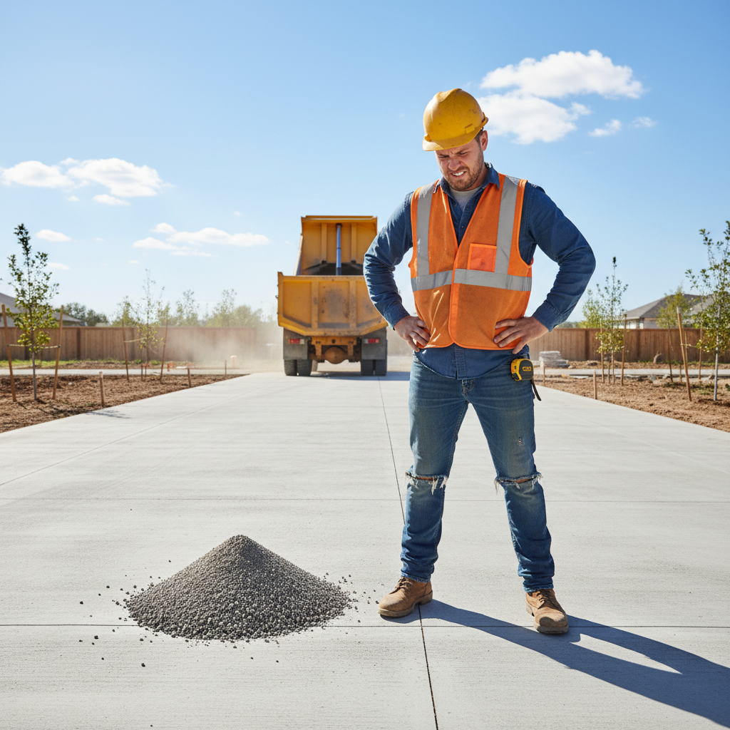 A person looking disappointed at a small pile of gravel delivered for a large driveway project.