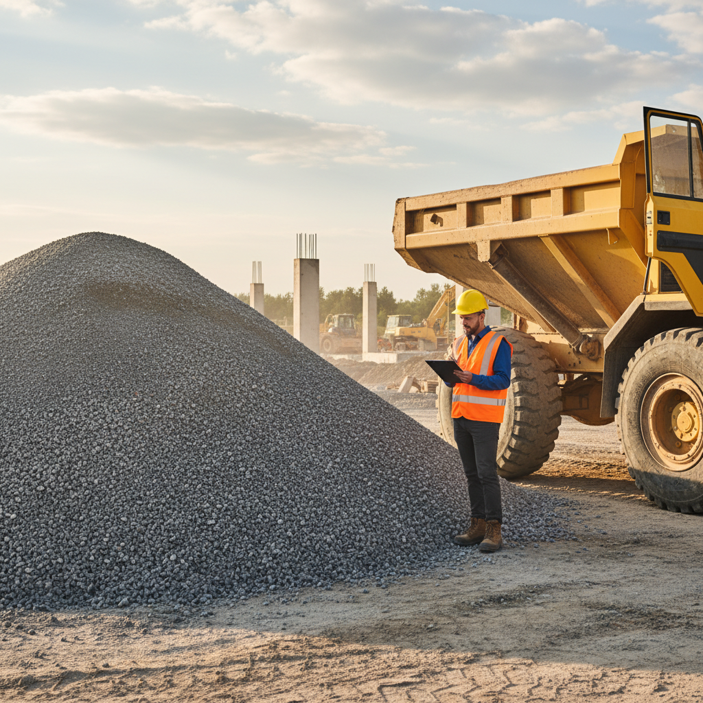 A construction manager looking puzzled while comparing a pile of gravel to their project plans.