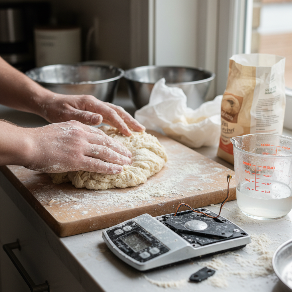 Flour-covered hands near a broken digital kitchen scale.