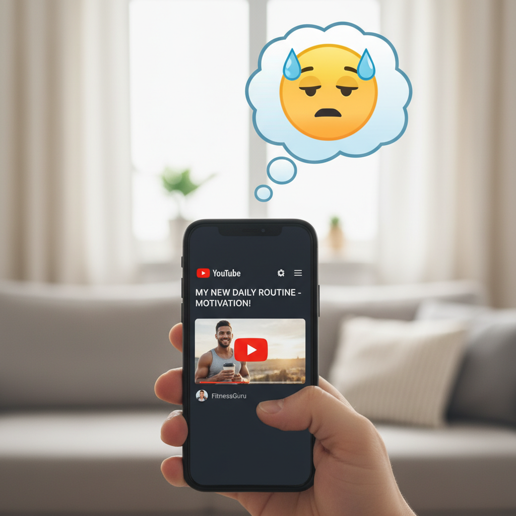 A person looking bored while considering watching a long YouTube video on their phone.