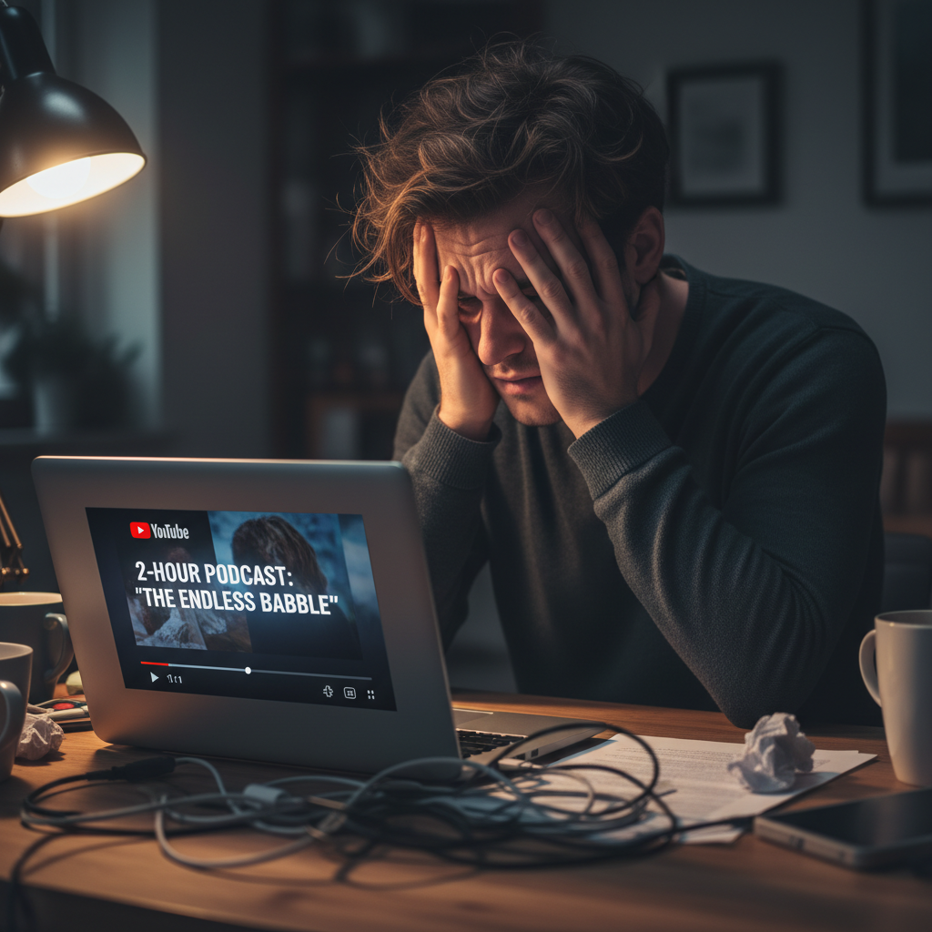 Frustrated person watching a long podcast on a laptop.