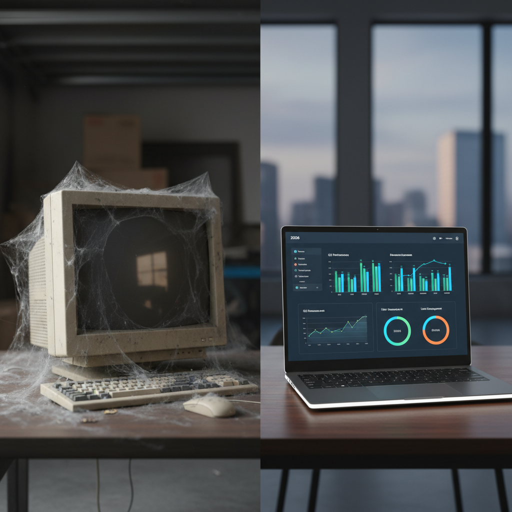 A comparison of an old, dusty computer and a modern laptop showing SEO analytics.