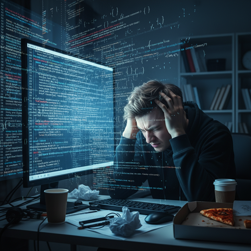 A developer looking overwhelmed by a screen full of messy JSON code.