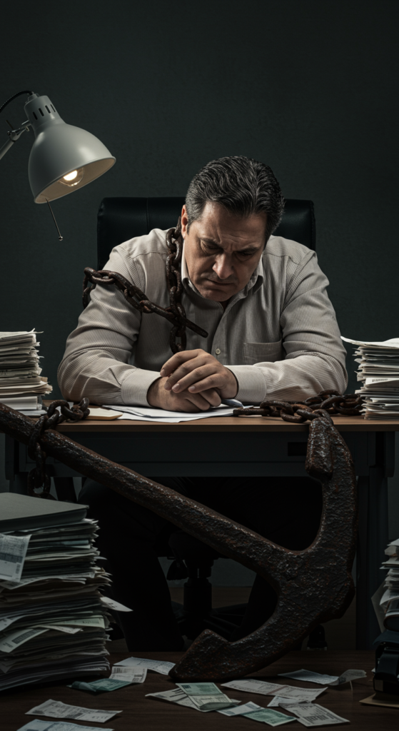 A person burdened by debt, represented by a large anchor chained to their chair.