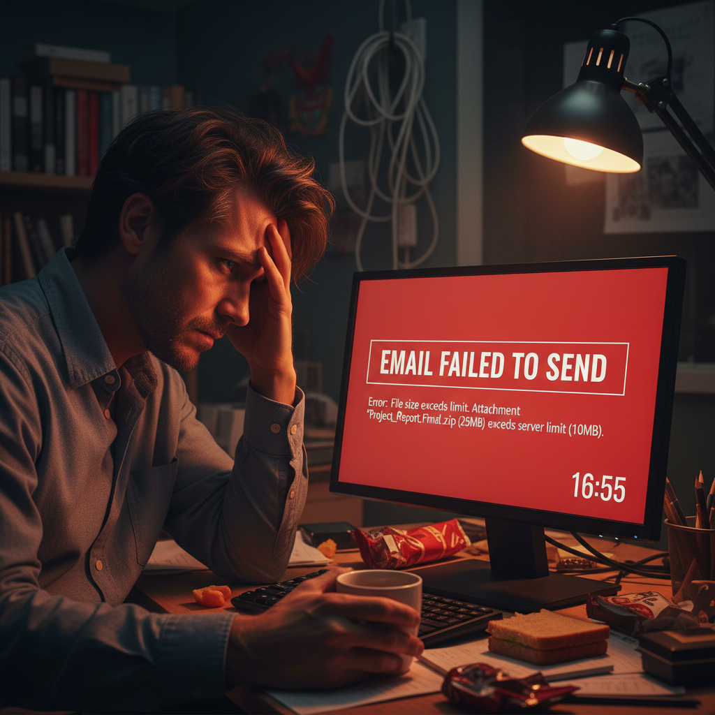 A computer screen displaying an email error message about file size limits.
