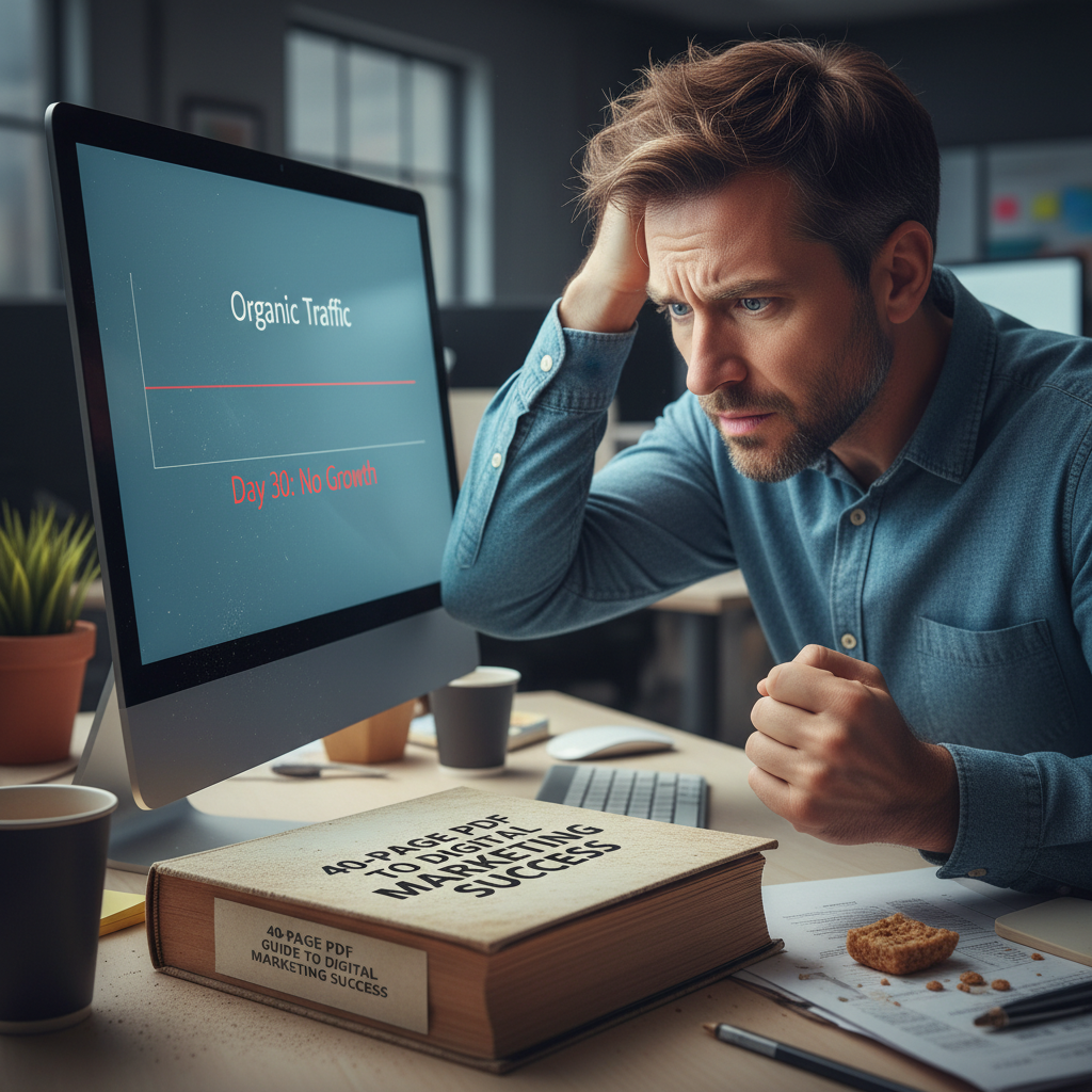 A marketer looking at a screen with a stagnant business graph, symbolizing a growth plateau.