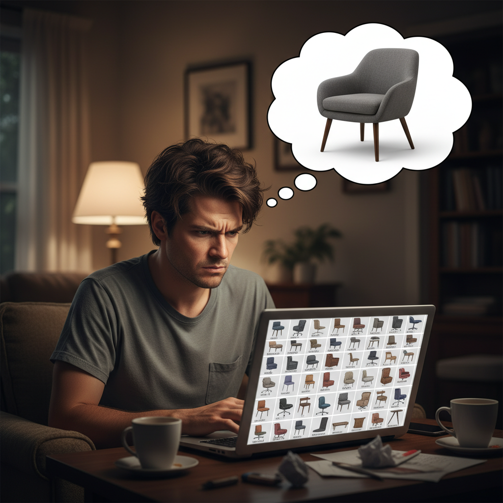 A person frustrated with online shopping search results for a chair.