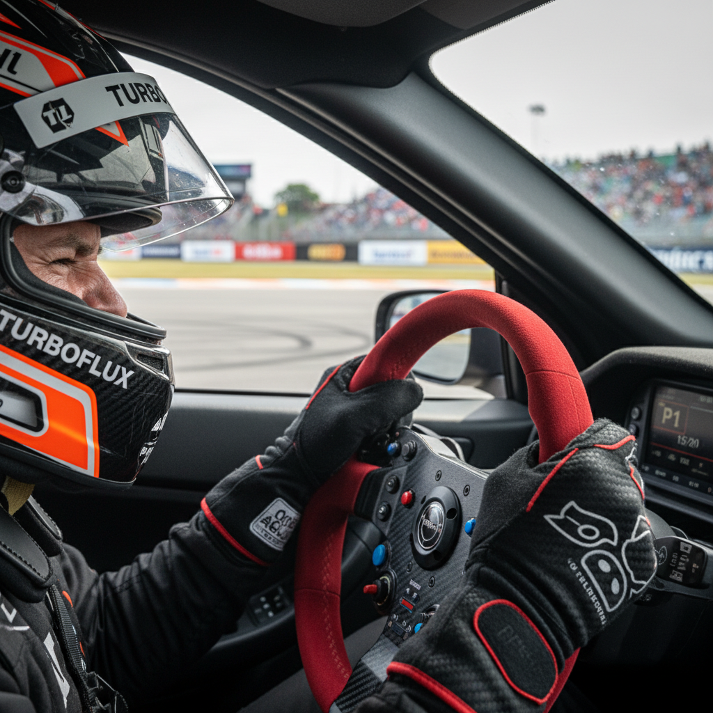 A frustrated race car driver gripping the steering wheel tightly inside their car's cockpit.