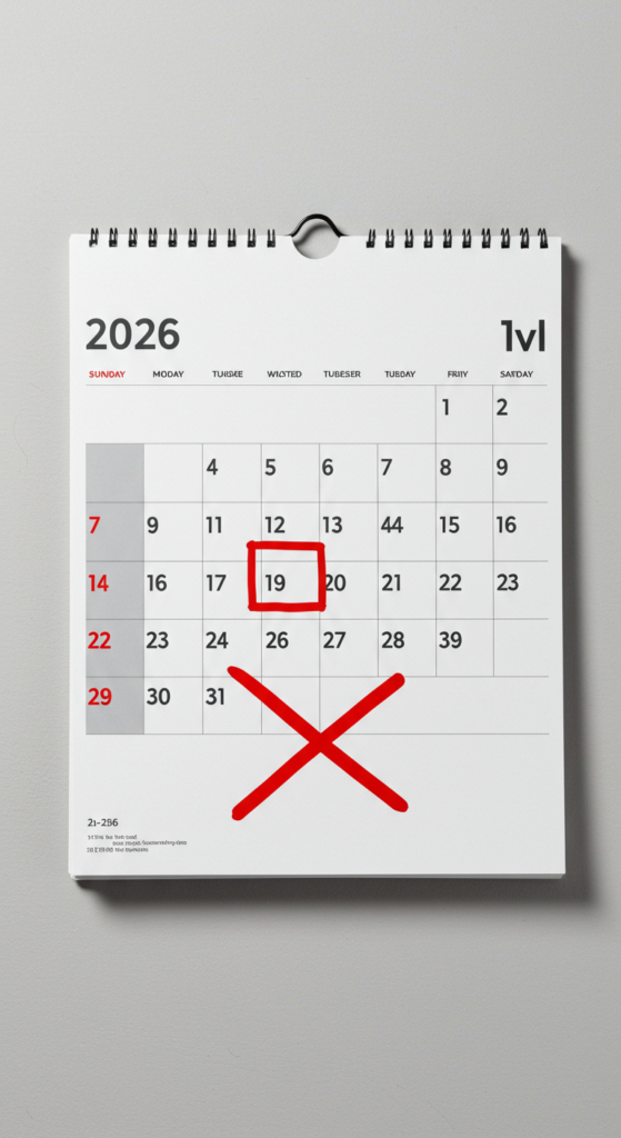 A 2026 calendar with February 29th crossed out, indicating it is not a leap year.