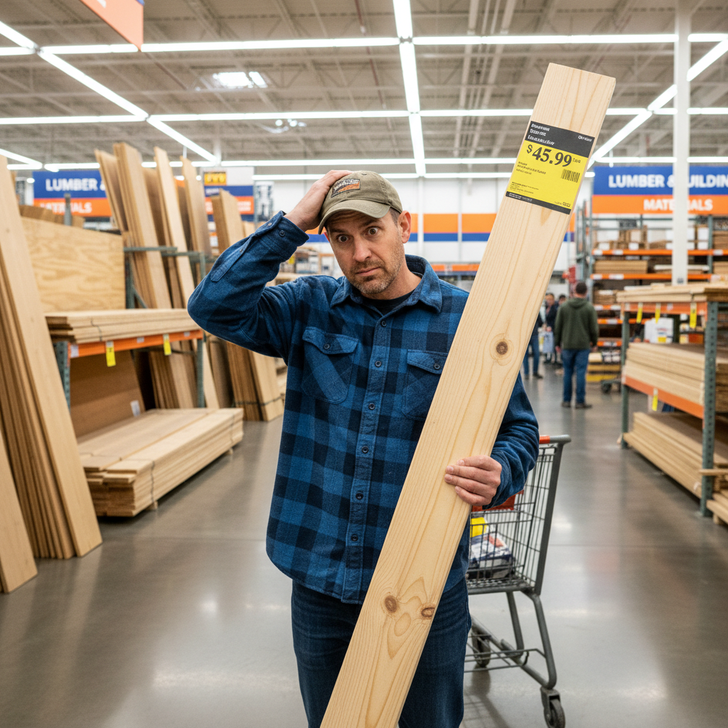 A DIY enthusiast looking puzzled at a price sign in a hardware store's lumber section.