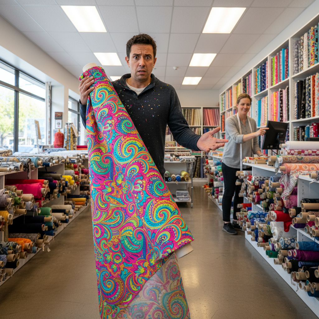 A person holding a fabric bolt, looking puzzled in a store.