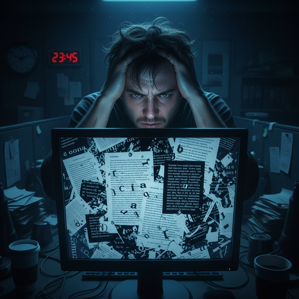A stressed office worker looking at a corrupted document on their computer late at night.
