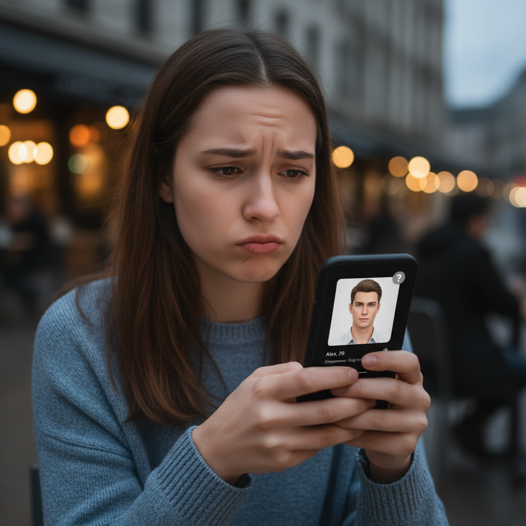 A person skeptically examining a too-good-to-be-true dating profile on their smartphone.
