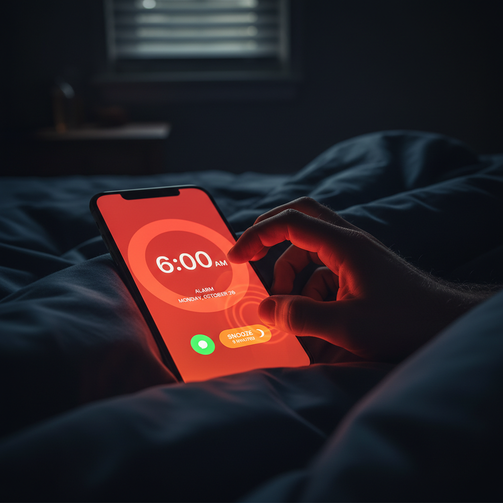 A hand reaching out to snooze a 6 AM alarm on a smartphone in a dark room.