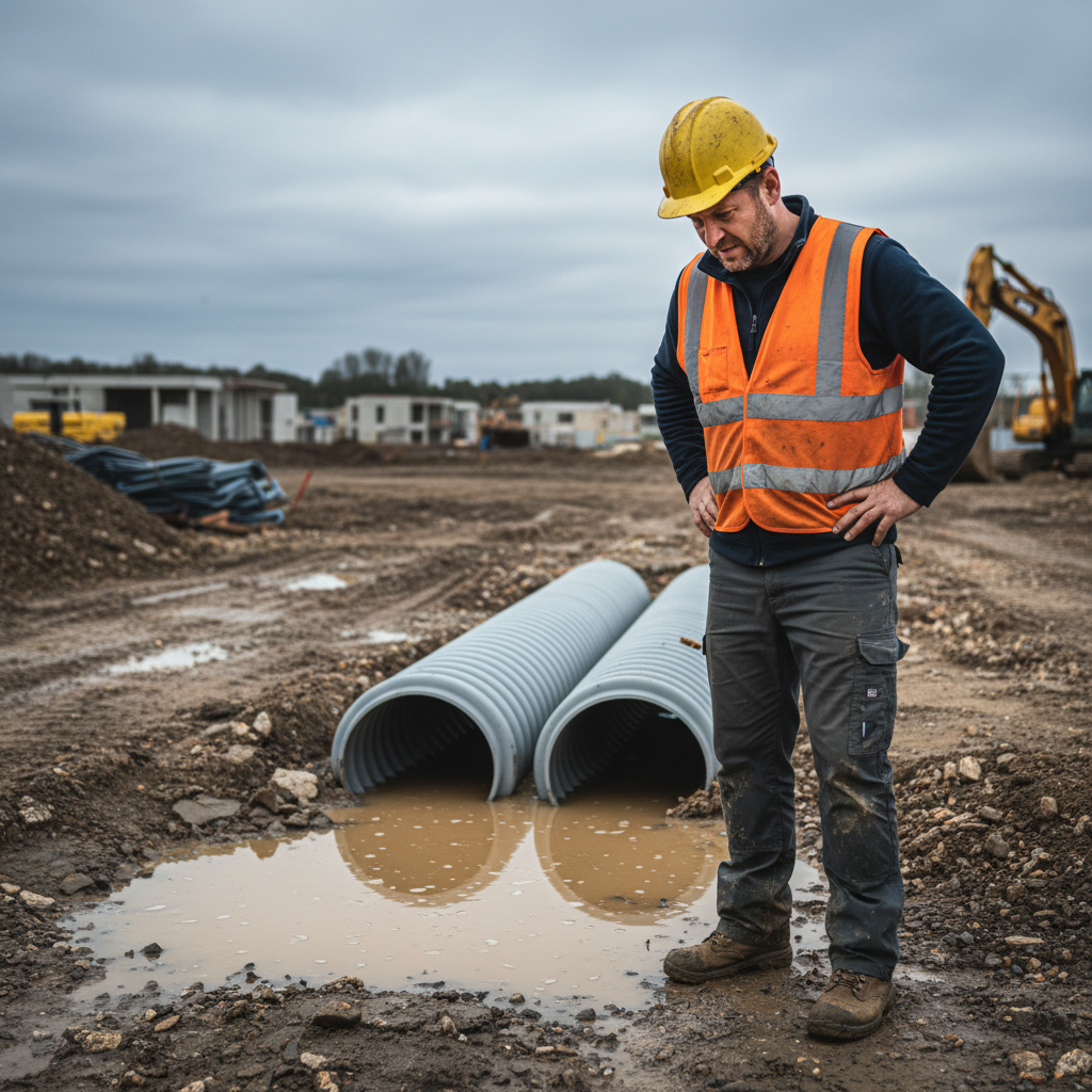 Frustrated foreman looking at a costly drainage pipe error caused by a measurement mistake.