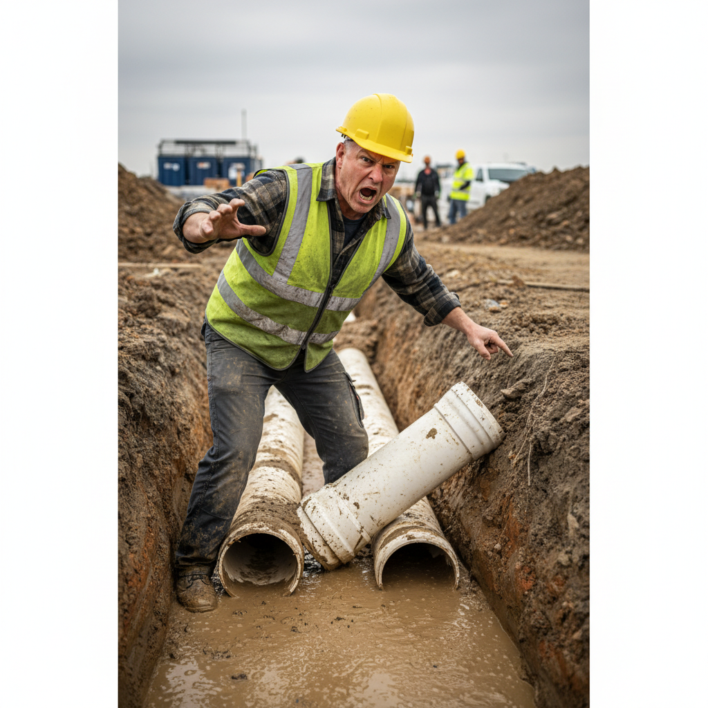 Frustrated foreman at construction site next to a pipe.