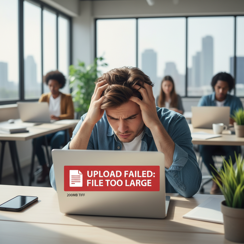 A laptop screen showing an email upload error because a TIFF file is too large.