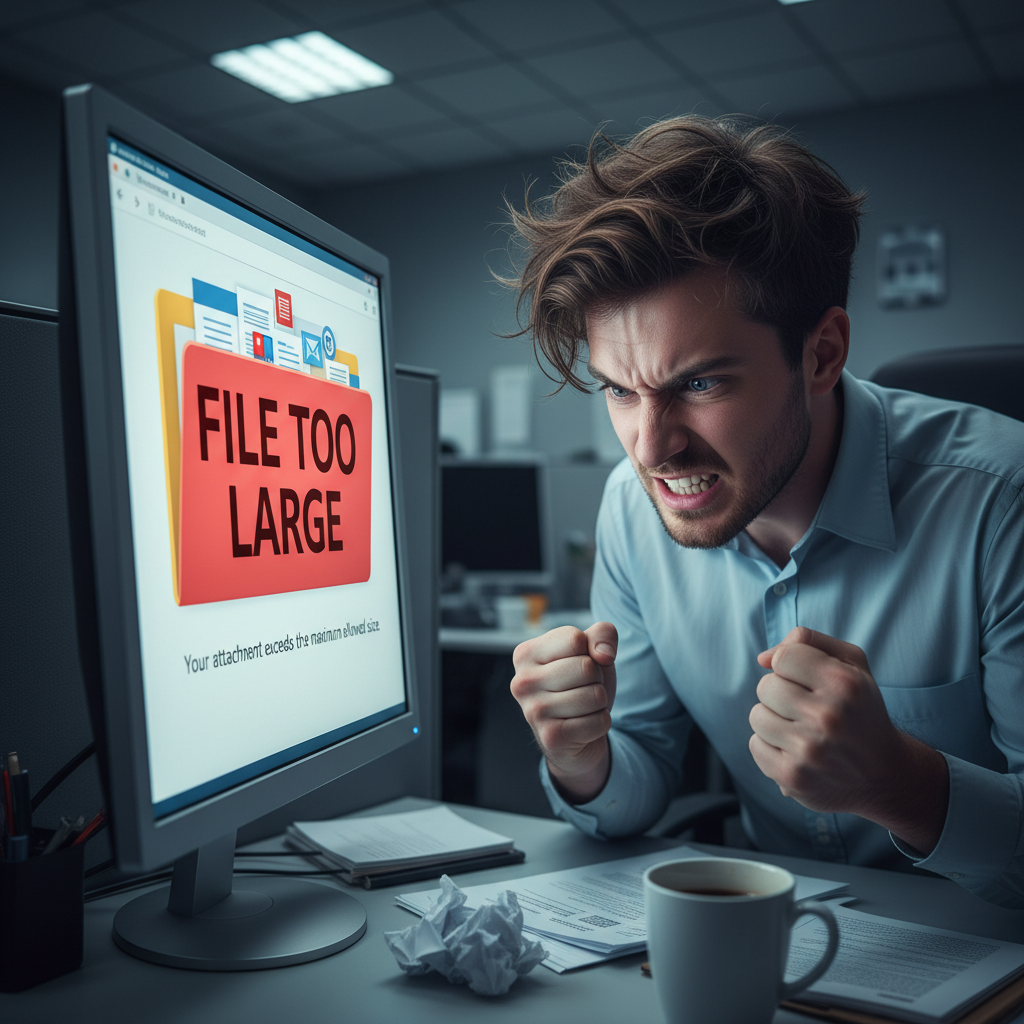 Frustrated worker looking at a bounced email due to large file size.