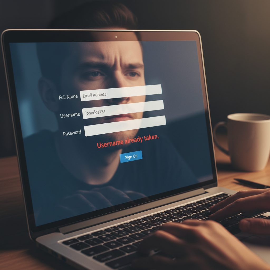 A computer screen with a sign-up form showing a 'username taken' error message in red.