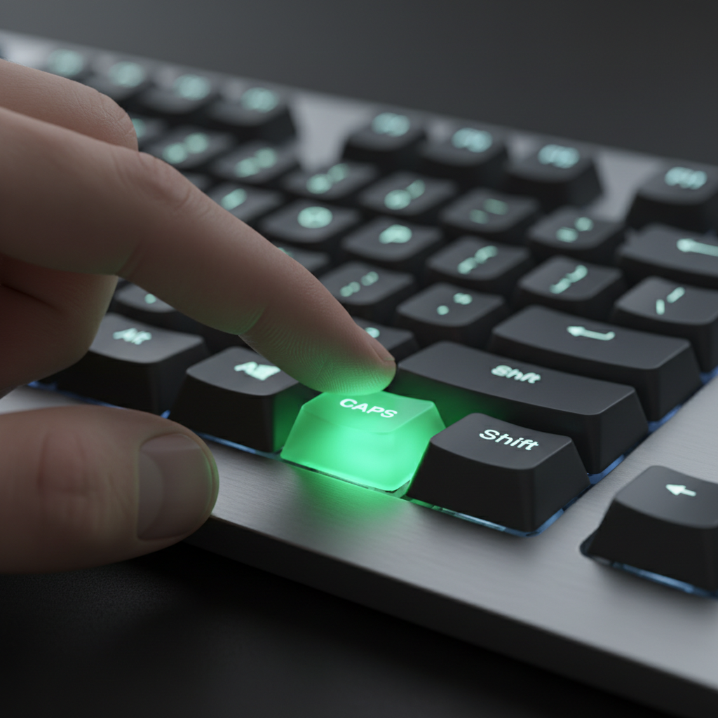 Close-up of a glowing Caps Lock key on a keyboard, indicating it's active.