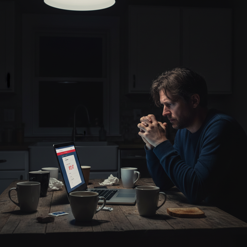 A person looking worriedly at their online bank statement on a laptop.