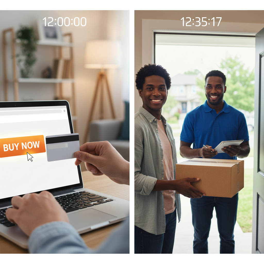 A visual timeline showing the process from an online purchase to a home delivery.