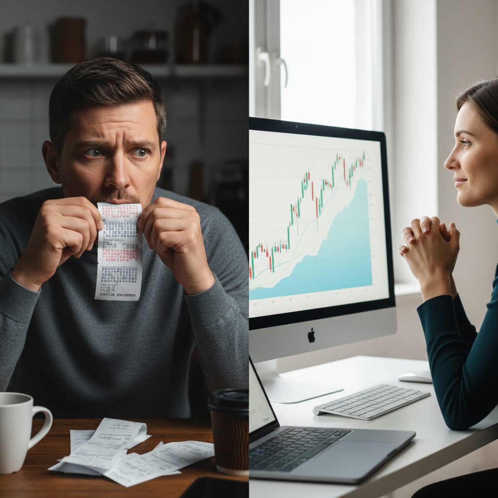 A comparison of a person gambling on a lottery ticket versus someone strategically planning their finances with a chart.