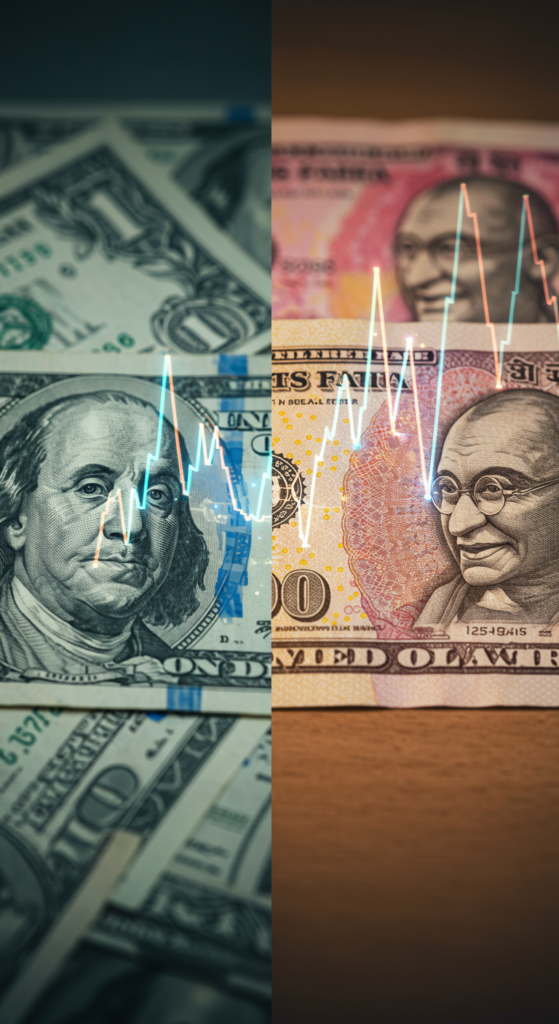 A US dollar and an Indian rupee banknote separated by a volatile line graph.