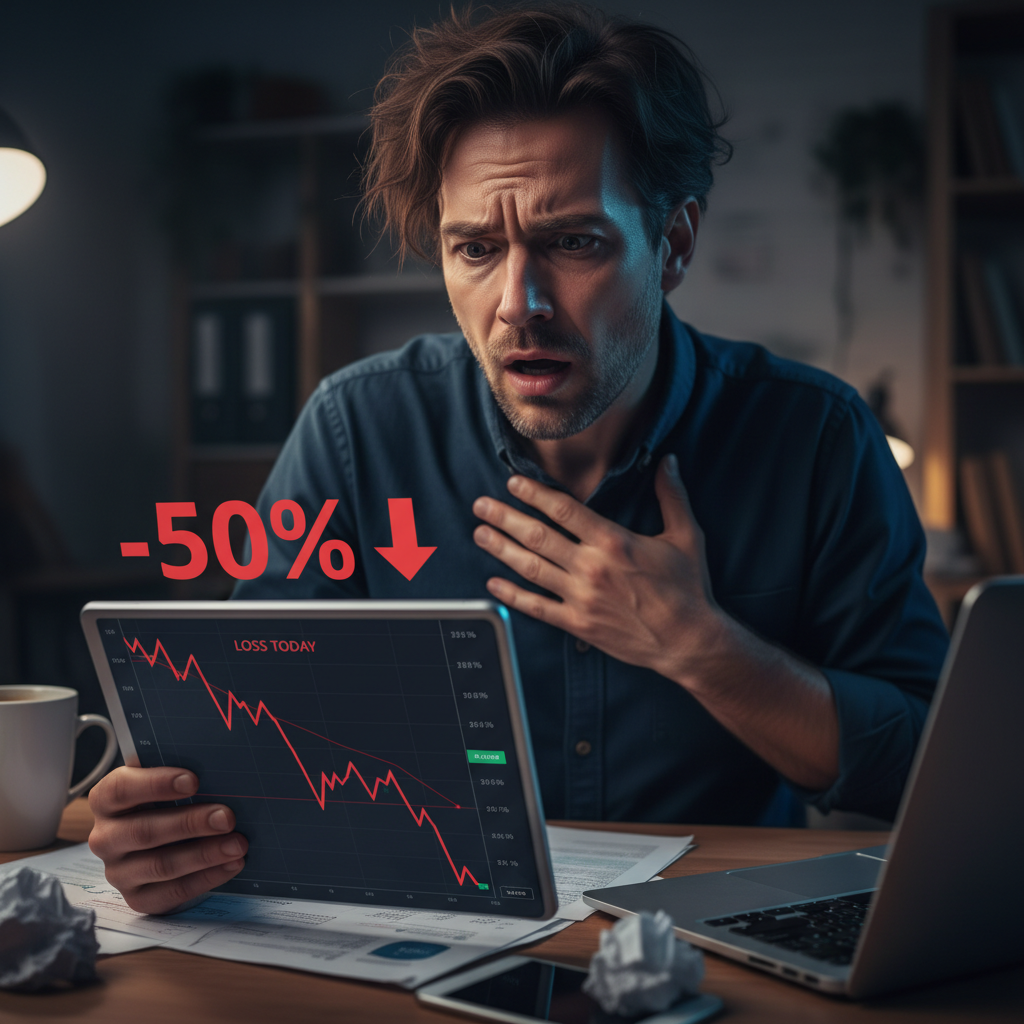 A person looking shocked at a tablet showing a 50% investment loss on a graph.