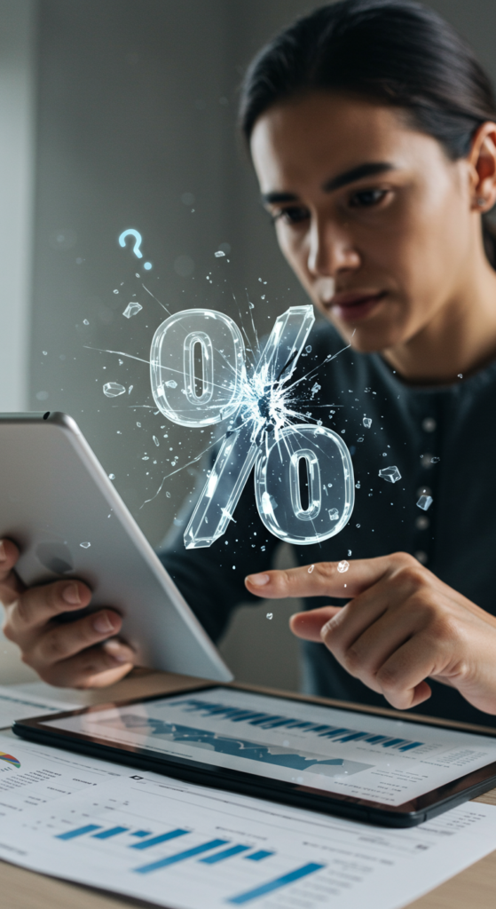 A person looks confused at their investment report, with a cracked percentage symbol indicating a hidden problem.