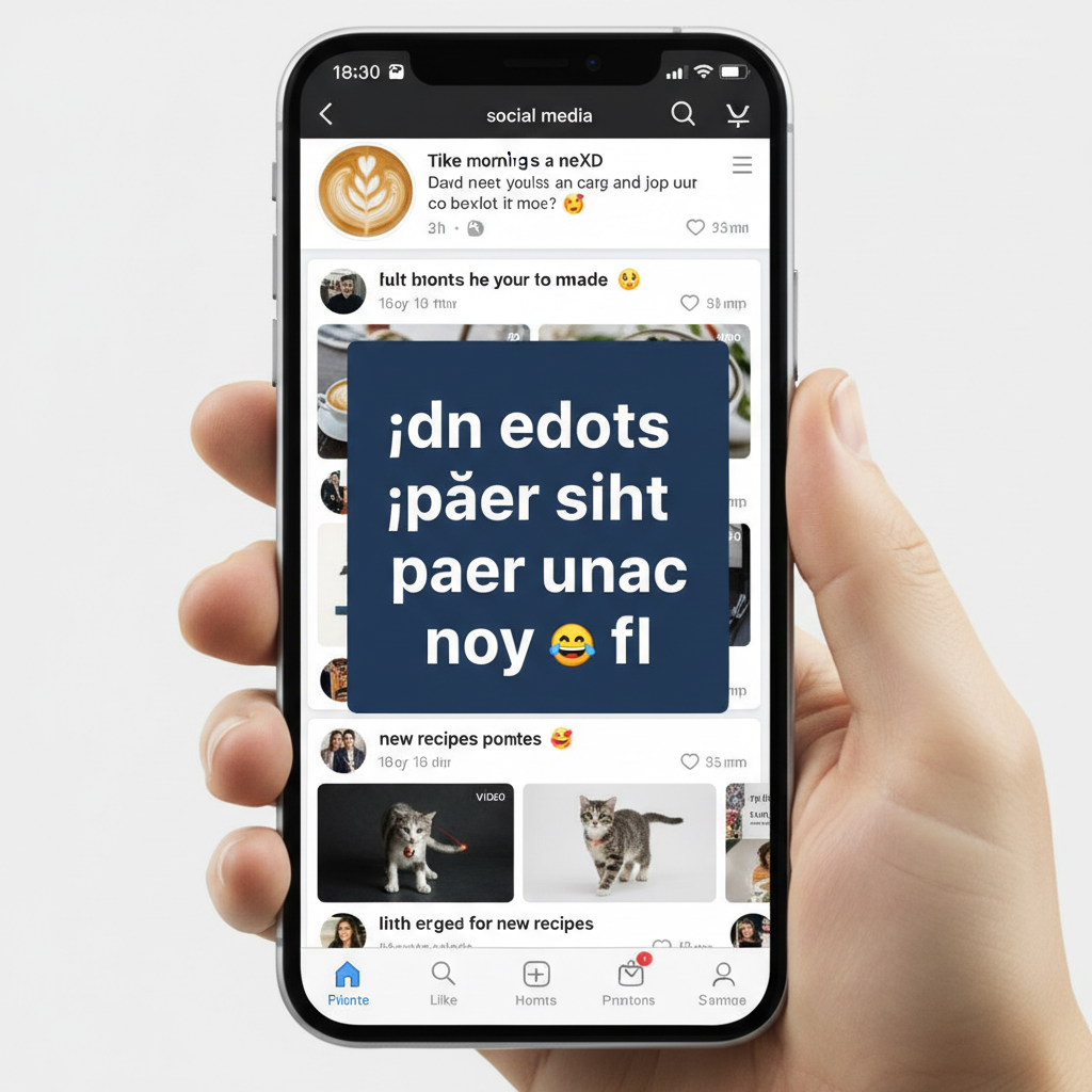 A social media feed on a phone where one post with upside-down text is highlighted and stands out.