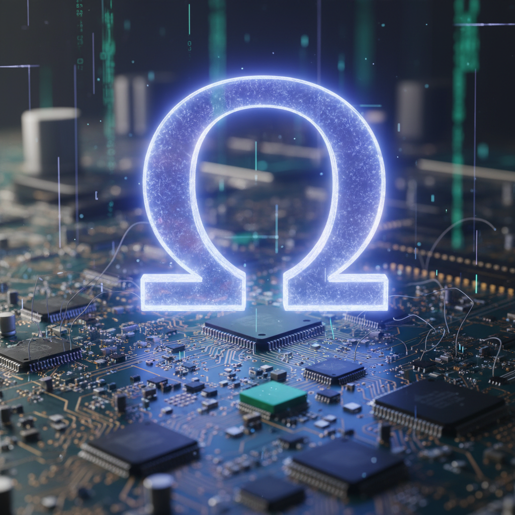 The Greek letter omega, representing an ohm, glowing brightly above an electronic circuit board.