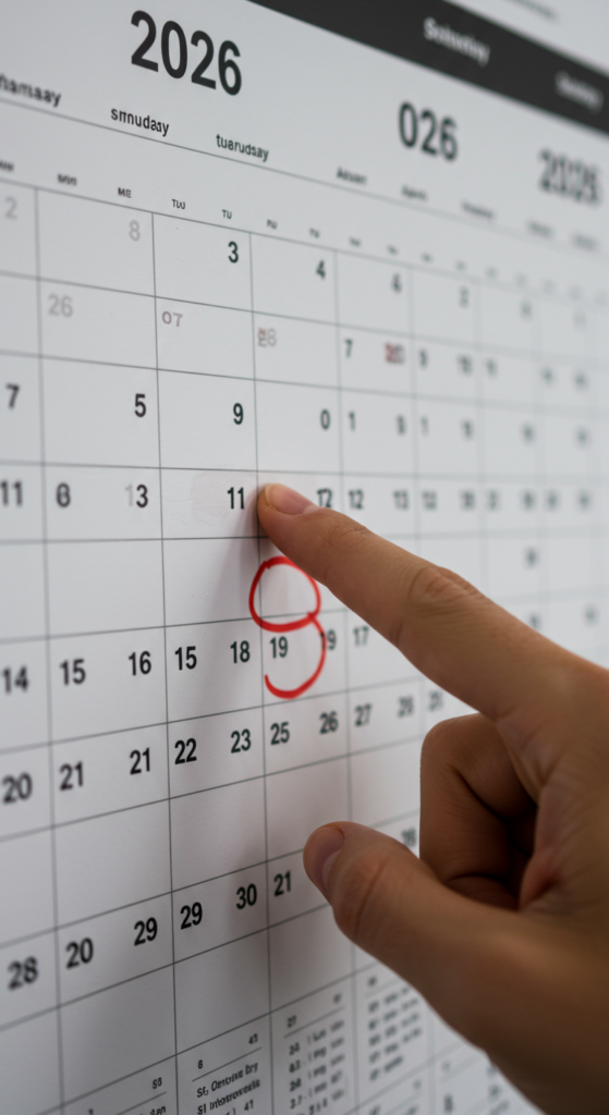 A finger pointing to a date on a 2026 wall calendar, emphasizing precision.
