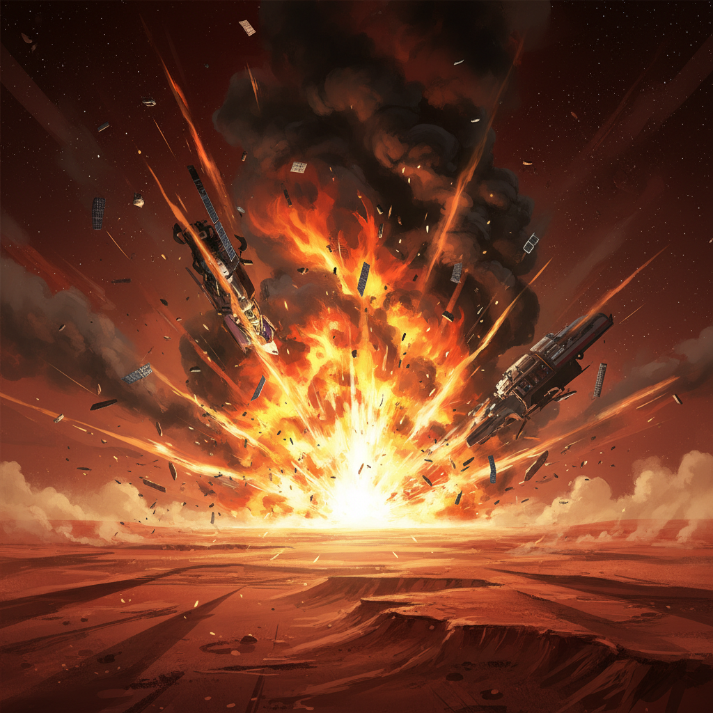 Illustration of the Mars Climate Orbiter disintegrating in the Martian atmosphere.