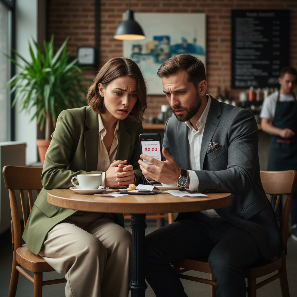 A concerned couple looking at their empty bank account on a phone in a coffee shop.