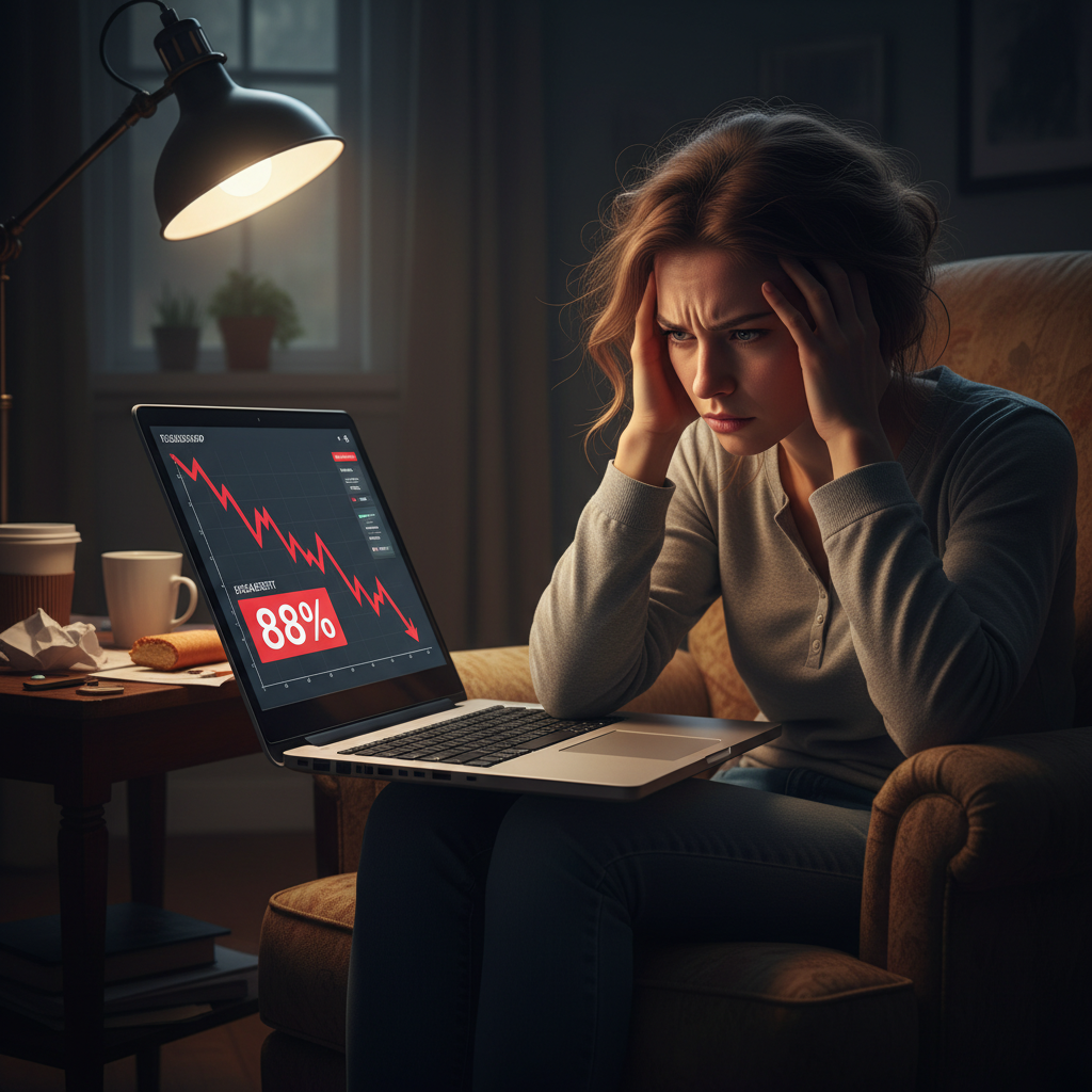 A discouraged content creator views a analytics dashboard showing poor performance metrics.