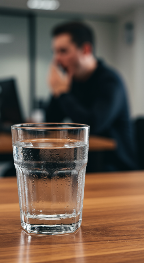 A glass of water in the foreground with a tired person at a desk in the background, illustrating the link between hydration and fatigue.
