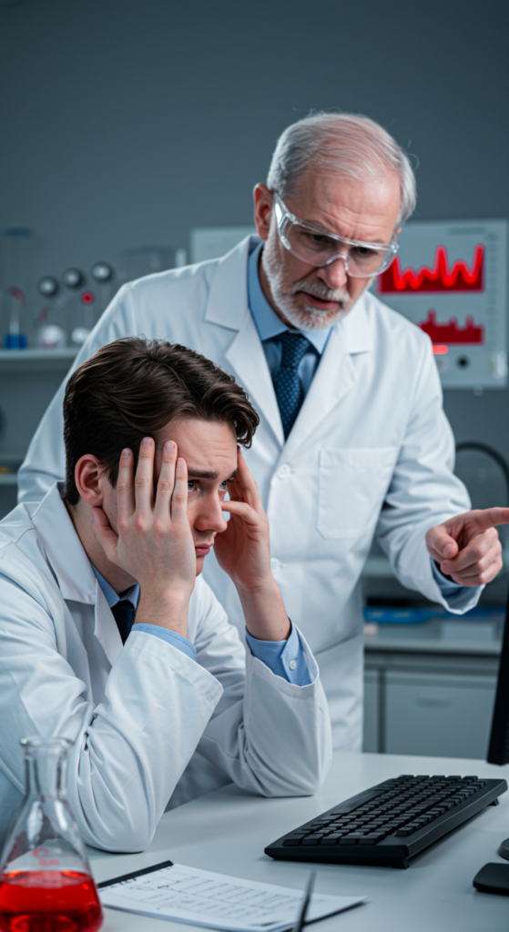 Lab analyst looking at a computer screen showing an error, with a senior chemist pointing it out.