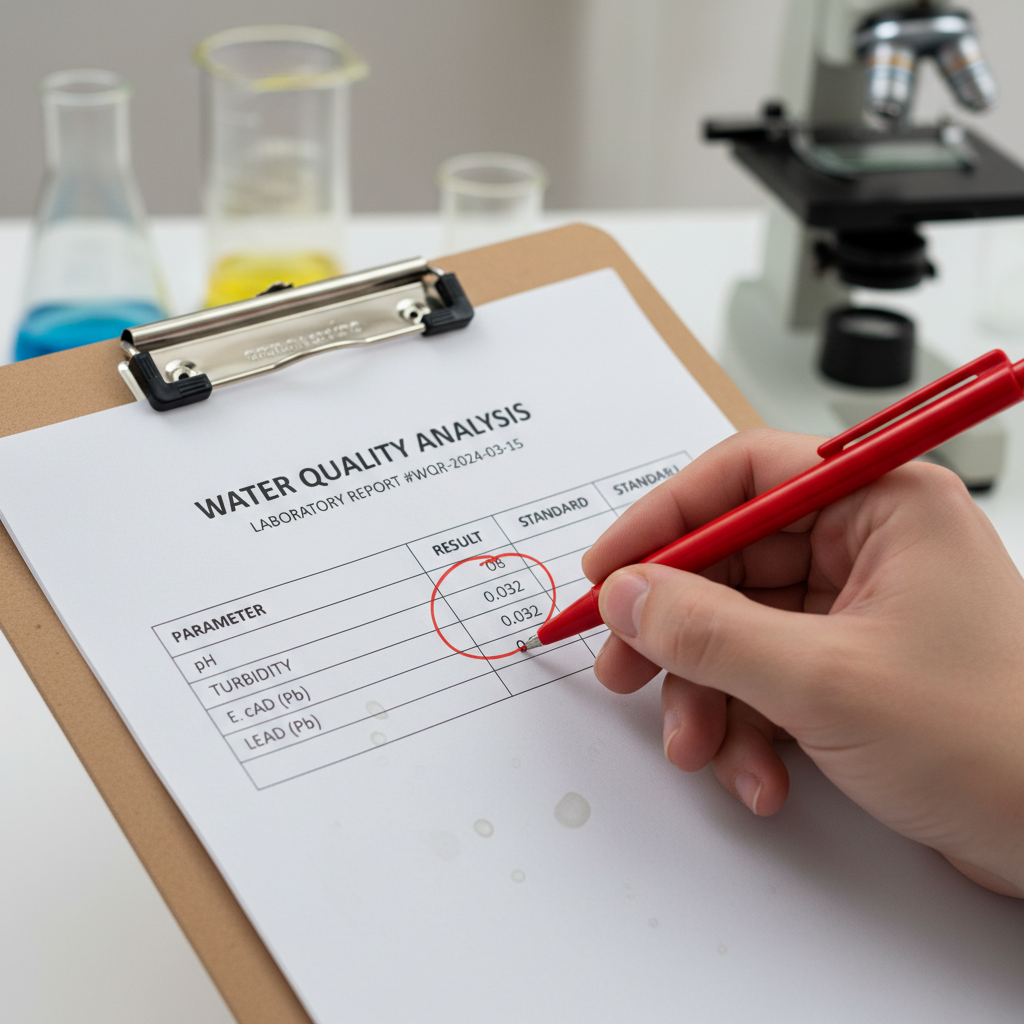 Close up of a water quality report with a circled decimal point.