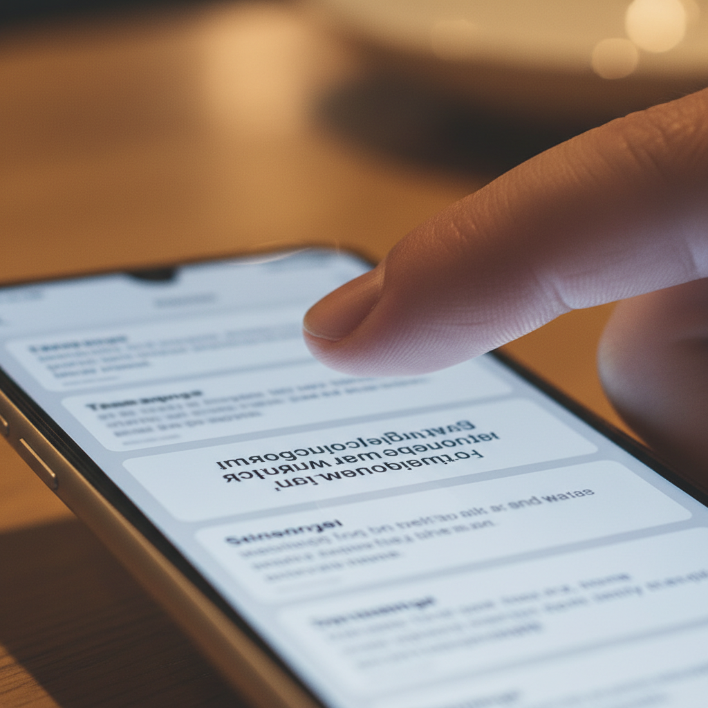 Smartphone user pausing their scrolling to look at unusual mirrored text on their social media feed.