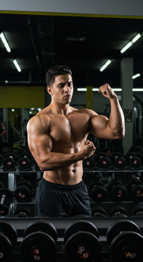 A fit person looks at their arm in a gym mirror with a look of frustration.