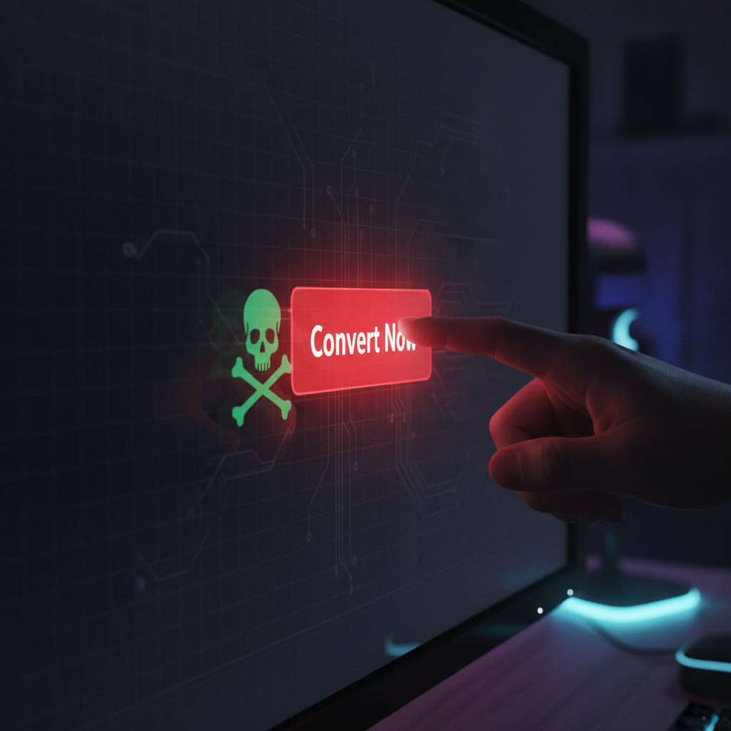 A finger poised to click a dangerous online file converter button on a computer screen.