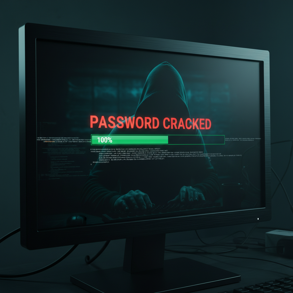 A computer screen displaying a 'Password Cracked' message, indicating a successful hack.
