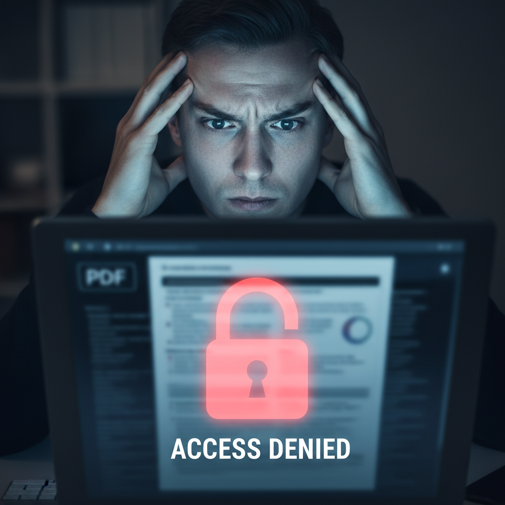 A person looking stressed while facing a locked PDF file on their computer.