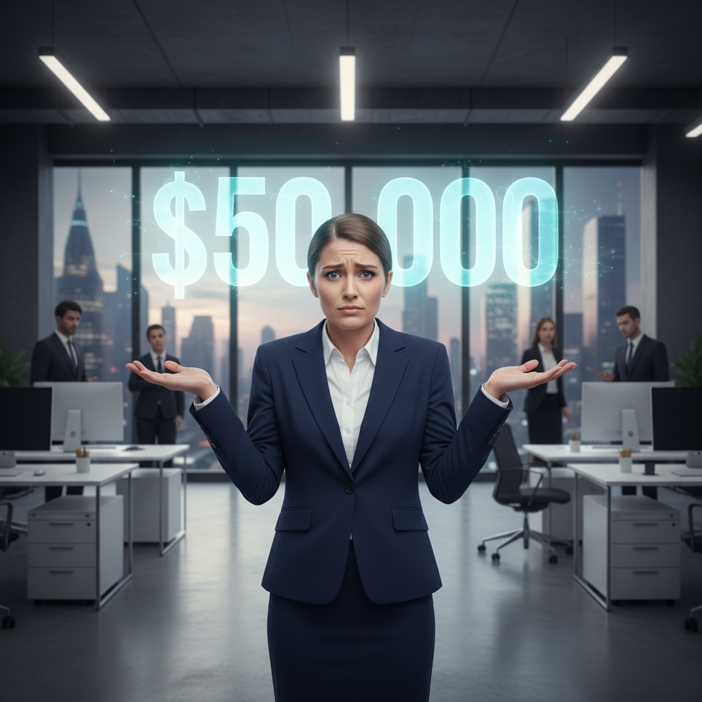 A confused professional looking at a large dollar amount, illustrating that raw numbers lack context.