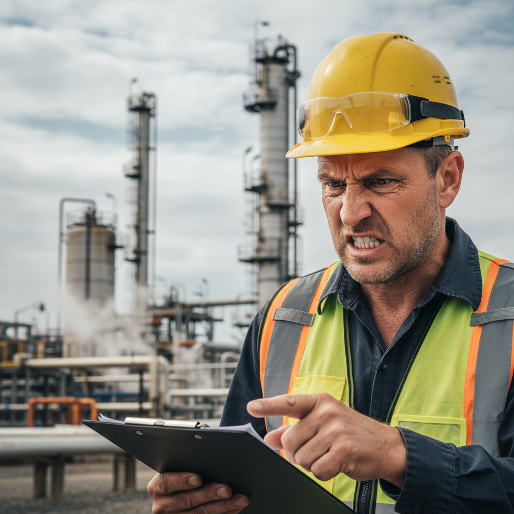 Frustrated project manager looking at a clipboard in a chemical plant